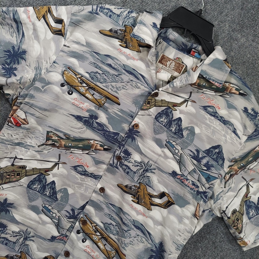 Kalaheo Shirt Mens Medium Gray Hawaiian Short Sleeve Aviation Airplane USA